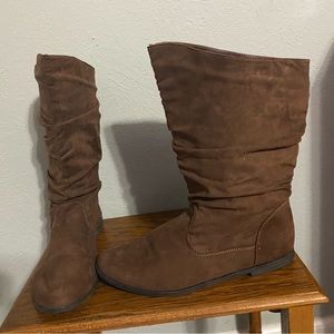 Mid calf, dark brown, 0 inch heel, no zipper/pull up boot